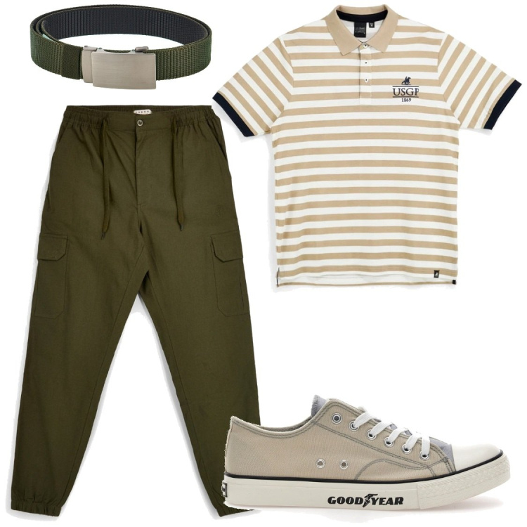 Outfit uomo - Appuntamenti informali. Stile Casual per Serata speciale. Abbinamento con sneakers, pantaloni cargo, polo, cinture.