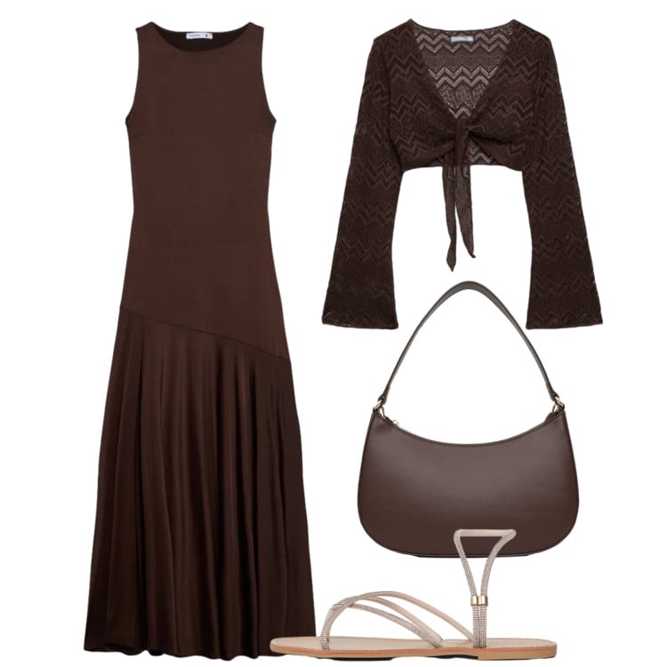 Outfit donna - Accattivante cacao. Stile Sexy per Serata fuori. Abbinamento con vestiti lunghi, top, borse a tracolla, sandali.