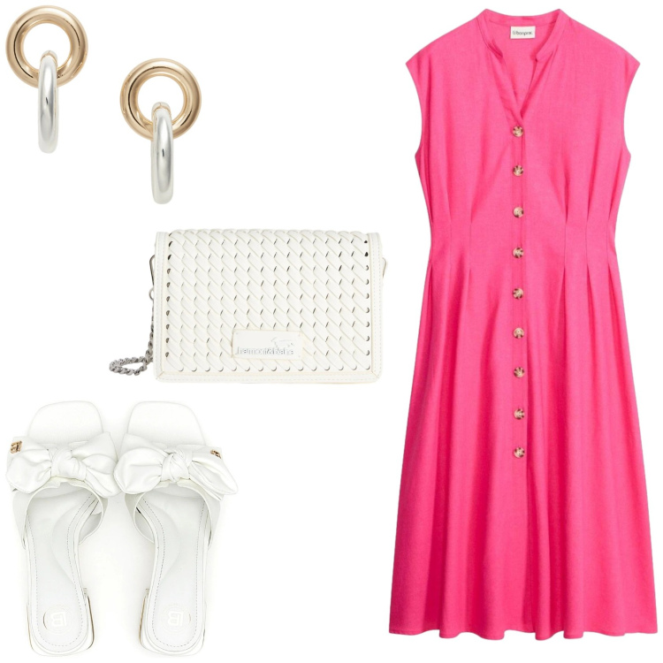 Outfit donna - Basic e Bon-Ton. Stile Basic per Tutti i giorni. Abbinamento con vestiti chemisier, borse a tracolla, orecchini, ciabatte.
