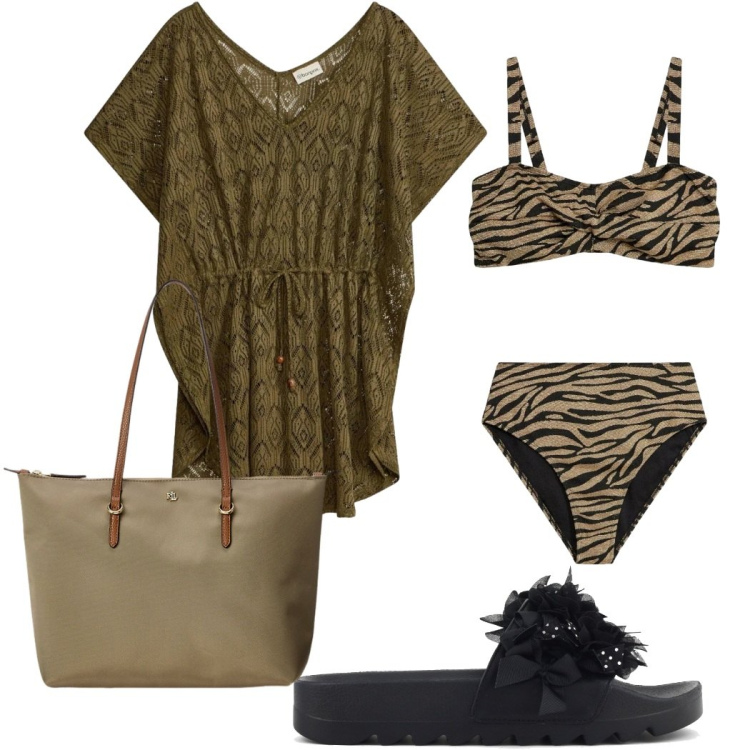 Outfit donna - Spiaggia con stile. Stile Glamour per Mare. Abbinamento con bikini, vestiti da spiaggia, borse tote, ciabatte.