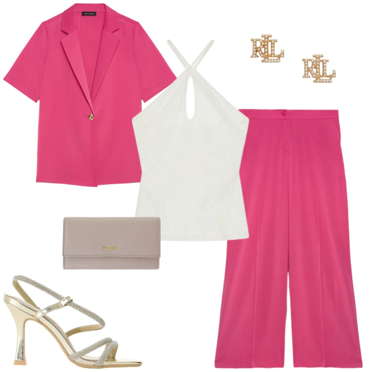 Outfit donna - Outfit per una cerimonia. Stile Chic per Cerimonia. Abbinamento con top, portafogli, sandali col tacco, pantaloni a palazzo, blazer, orecchini.