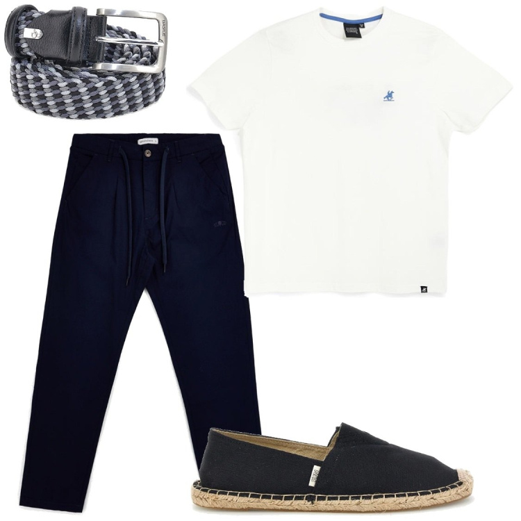 Outfit uomo - Intramontabile bianco e blu. Stile Casual per Serata speciale. Abbinamento con espadrillas, pantaloni, cinture, t-shirt.