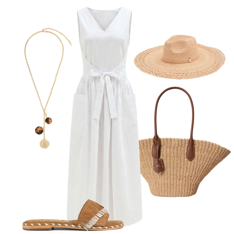 Outfit donna - Il bianco d’estate. Stile Trendy per Tutti i giorni. Abbinamento con vestiti lunghi, cappelli, collane, borse tote, ciabatte.