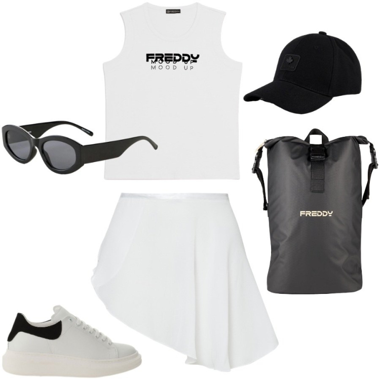 Outfit donna - Tennis club. Stile Sporty chic per Sport. Abbinamento con occhiali da sole, sneakers, canottiere, borse sportive, minigonne, cappelli con visiera.