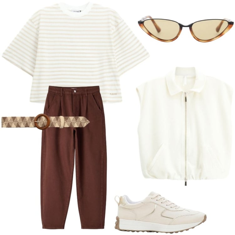 Outfit donna - Urban style. Stile Casual chic per Tutti i giorni. Abbinamento con sneakers, cinture, pantaloni, occhiali da sole, gilet, t-shirt.