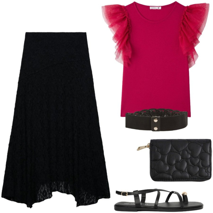 Outfit donna - Total look #2429363. Stile Urban per Serata fuori. Abbinamento con gonne lunghe, t-shirt, portafogli, cinture, sandali.