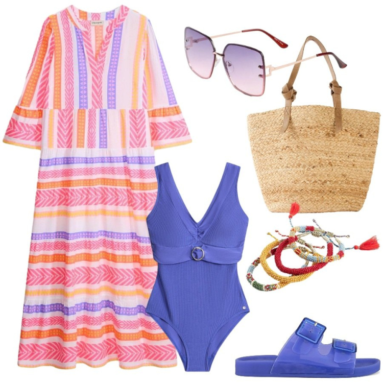 Outfit donna - Vacanza al mare. Stile Casual per Mare. Abbinamento con costumi interi, shopping bag, vestiti lunghi, occhiali da sole, braccialetti, sandali.