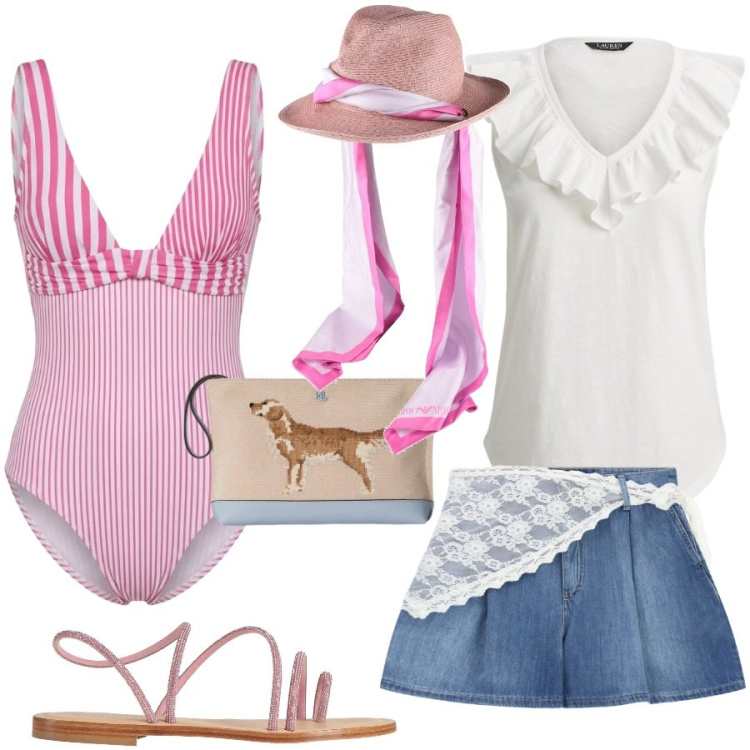 Outfit donna - BB style. Stile Vintage retrò per Mare. Abbinamento con cappelli, ciabatte, costumi interi, shorts, pochette, top.