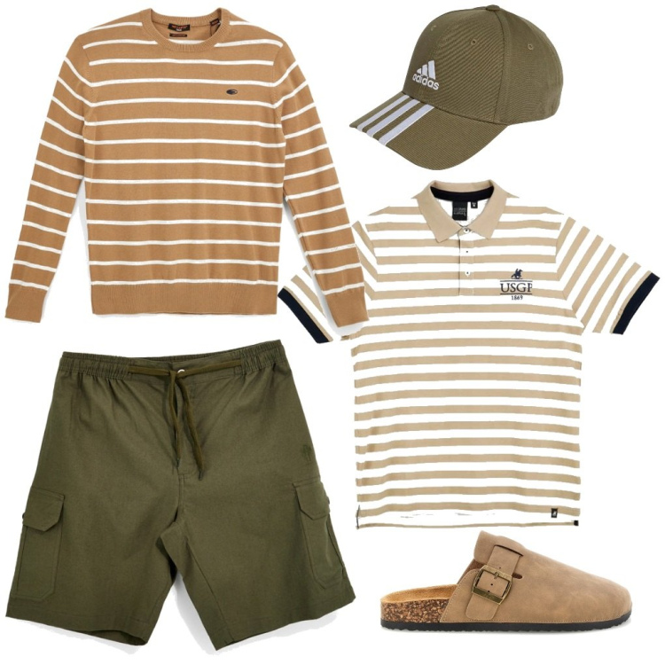 Outfit uomo - L.2 Sottolineature. Stile Urban per Tutti i giorni. Abbinamento con bermuda, polo, cappelli con visiera, pullovers, sandali.