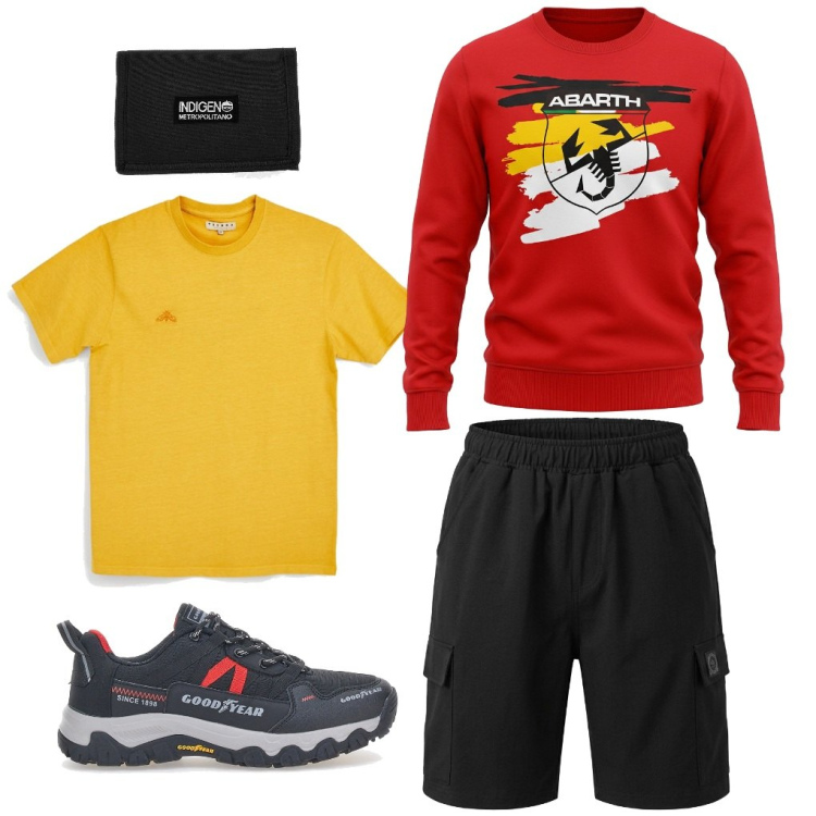 Outfit uomo - L.3 Motori. Stile Urban per Tutti i giorni. Abbinamento con portafogli, t-shirt, stivali e stivaletti, felpe, shorts.