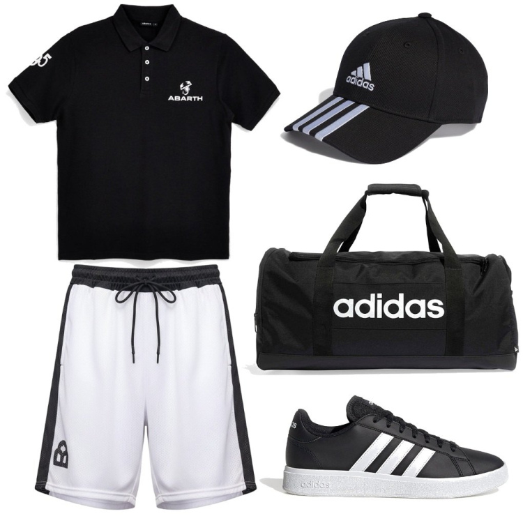 Outfit uomo - L.4 Partita a padel. Stile Urban per Tutti i giorni. Abbinamento con cappelli con visiera, sneakers, pantaloni corti, borse sportive, polo.