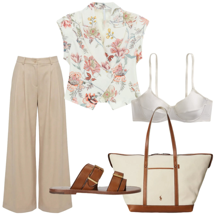 Outfit donna - Total look #2429379. Stile Romantica per Tutti i giorni. Abbinamento con gilet, pantaloni, borse tote, sandali in pelle, reggiseni.