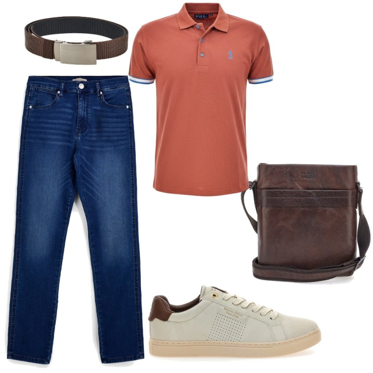 Outfit uomo - L.5 L\'uomo con il borsello. Stile Casual per Tutti i giorni. Abbinamento con sneakers, jeans, cinture, polo, borse sportive.