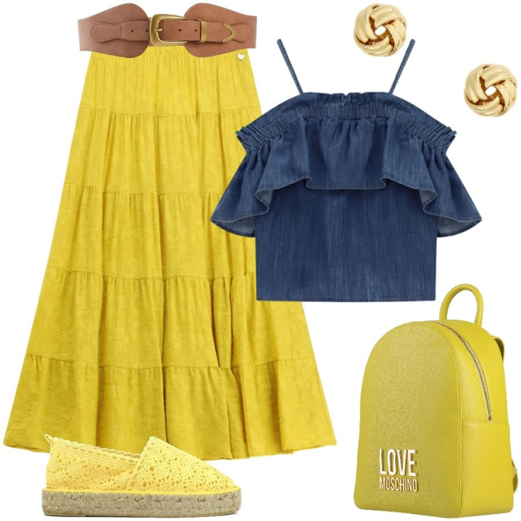Outfit donna - Denim e giallo ed è subito estate. Stile Romantica per Tutti i giorni. Abbinamento con zaini, cinture, gonne lunghe, top, orecchini, espadrillas.