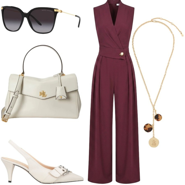 Outfit donna - Pranzo di lavoro. Stile Chic per Ufficio. Abbinamento con décolleté, tute, occhiali da sole, borse a mano, collane.