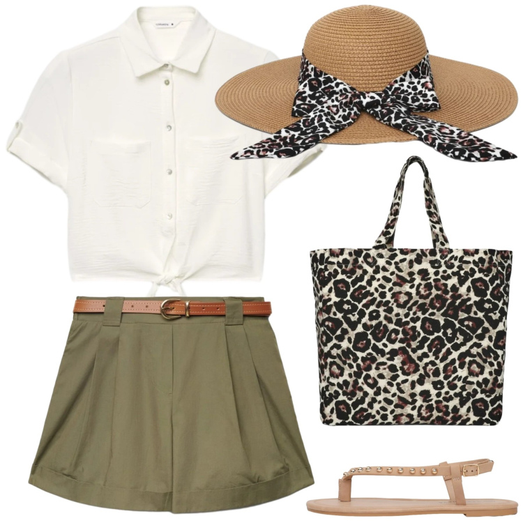 Outfit donna - Total look #2429386. Stile Casual per Tutti i giorni. Abbinamento con camicie a manica corta, cappelli, shopping bag, ciabatte, shorts.