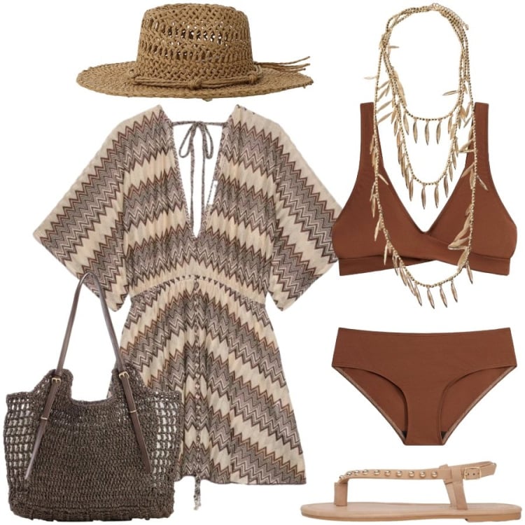 Outfit donna - Destinazione mare. Stile Casual chic per Mare. Abbinamento con bikini, shopping bag, ciabatte, caftani, cappelli, collane.