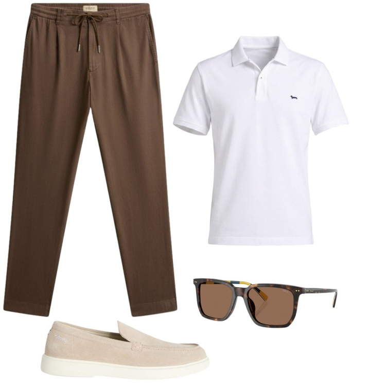 Outfit uomo - L.9 pantaloni sportivi misto lino. Stile Urban per Tutti i giorni. Abbinamento con scarpe stringate, polo, occhiali da sole, pantaloni.