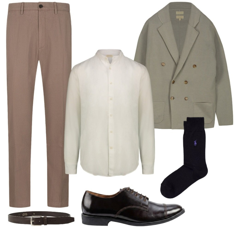 Outfit uomo - L.10 cerimonia in fresco -lino. Stile Casual per Cerimonia. Abbinamento con calzini, pantaloni, cardigans, scarpe stringate, camicie, cinture.