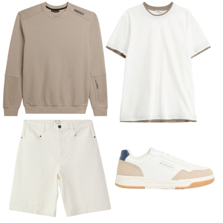 Outfit uomo - L.11 Sabbia fine. Stile Trendy per Mare. Abbinamento con sneakers, bermuda, felpe, t-shirt.