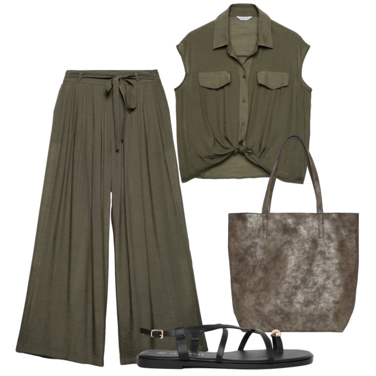 Outfit donna - Summer Essentials Terranova. Stile Urban per Tutti i giorni. Abbinamento con camicie a manica corta, shopping bag, sandali, pantaloni.