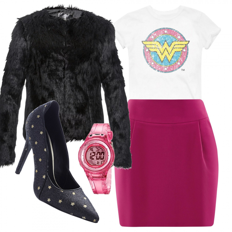 Outfit donna - Wonder Power. Stile Rock per Serata fuori. Abbinamento con vestiti chemisier, giacca, t-shirt con scollo a maniche corte bianco, gonna mini con zip e tasche rosa, orologio rosa.