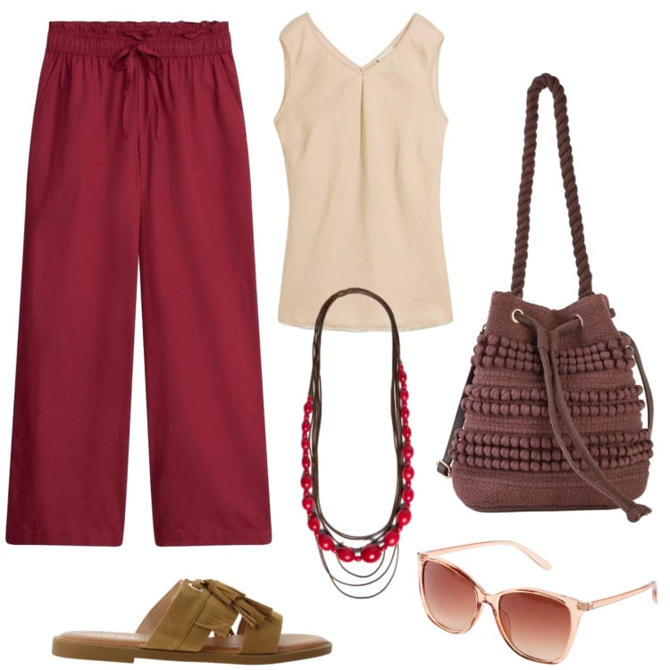 Outfit donna - La leggerezza del lino. Stile Basic per Tutti i giorni. Abbinamento con pantaloni a palazzo, canottiere, occhiali da sole, borse a secchiello, sandali, collane.