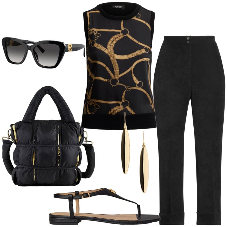 Outfit donna - Total look #2429410. Stile Casual per Serata fuori. Abbinamento con pantaloni, sandali in pelle, maglieria, occhiali da sole, orecchini, borse a mano.