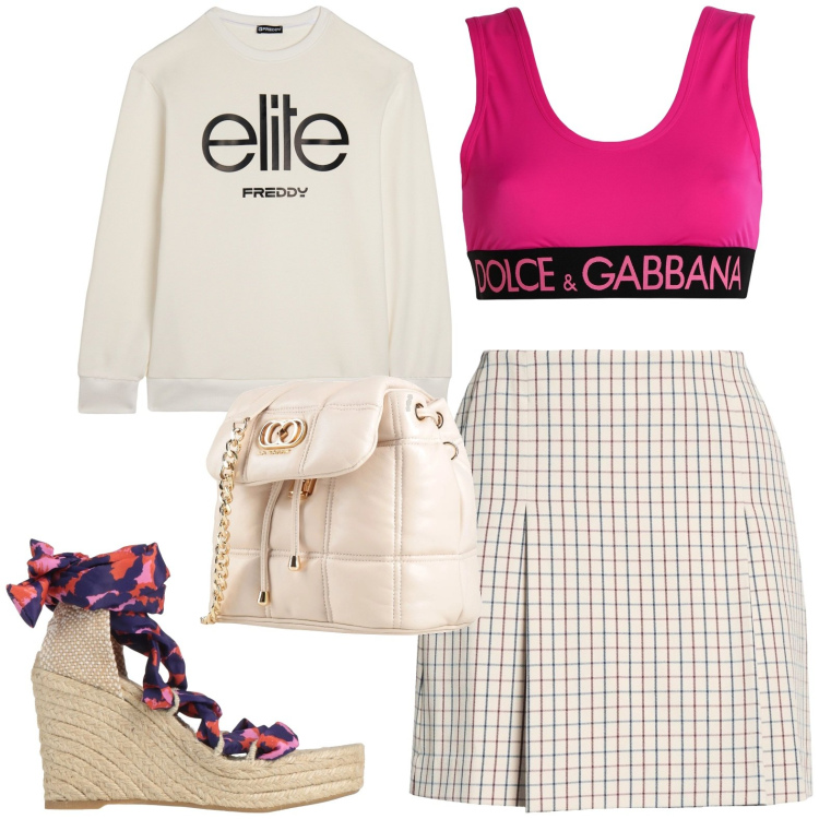 Outfit donna - Total look #2429411. Stile Casual per Tutti i giorni. Abbinamento con valigie, espadrillas, gonne sportive, top sportivi, felpe.