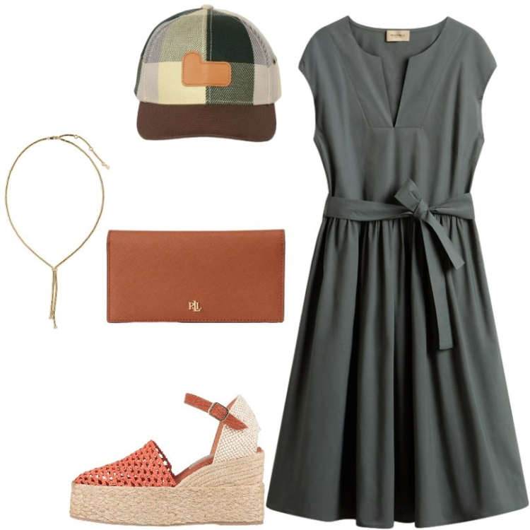Outfit donna - Abito dalla silhouette fresca e definita. Stile Chic per Tutti i giorni. Abbinamento con espadrillas, collane, portafogli, cappelli con visiera, vestiti corti.
