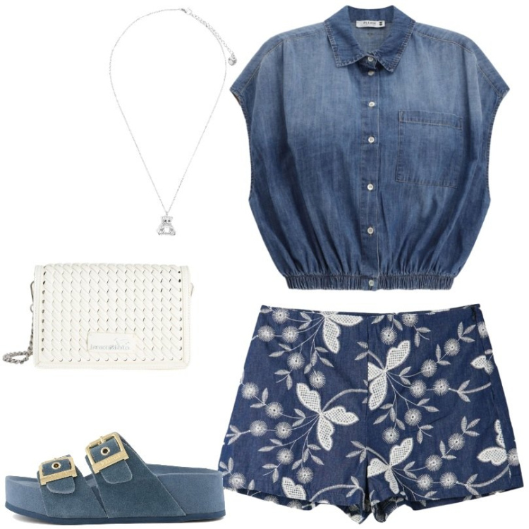 Outfit donna - Giornate calde. Stile Basic per Tutti i giorni. Abbinamento con shorts, borse a tracolla, camicie, ciondoli, ciabatte.