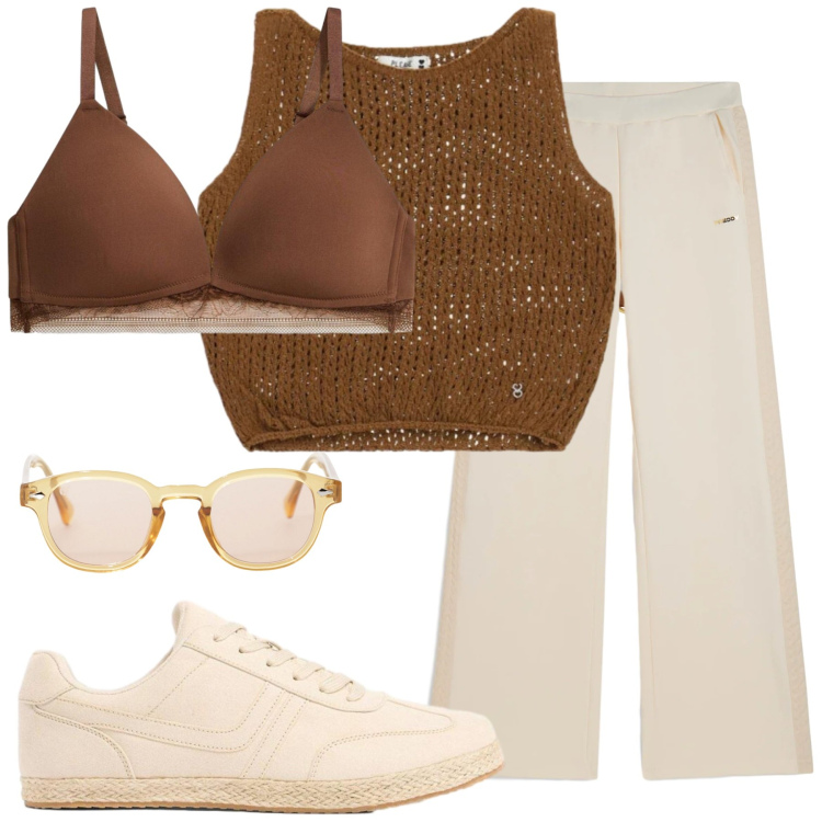 Outfit donna - Tramonto Urbano. Stile Urban per Tutti i giorni. Abbinamento con sneakers, reggiseni, cinture, occhiali da sole, top, pantaloni.