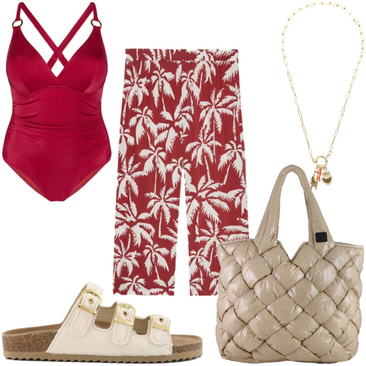 Outfit donna - Pattern sotto il sole: tropicale. Stile Trendy per Mare. Abbinamento con costumi interi, pantaloni, ciondoli, borse tote, sandali in pelle.