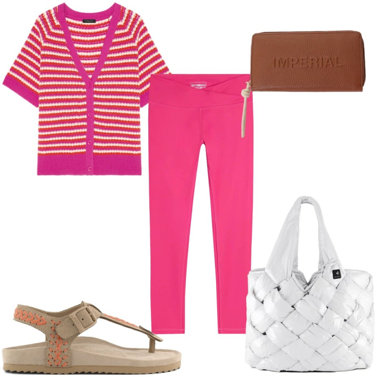 Outfit donna - Pattern sotto il sole : a righe. Stile Trendy per Tutti i giorni. Abbinamento con portafogli, cardigans, leggings, borse tote, infradito.