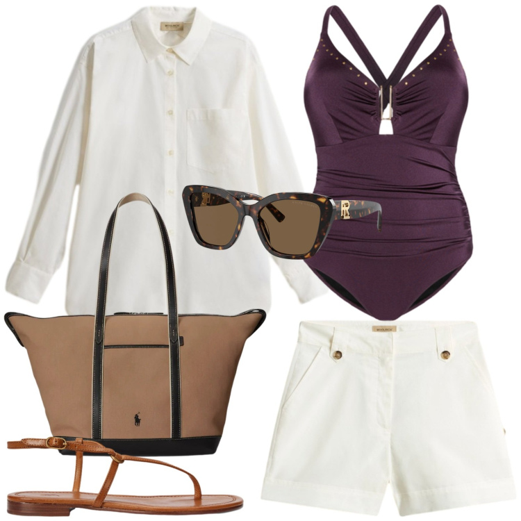 Outfit donna - Casual da spiaggia. Stile Basic per Mare. Abbinamento con costumi interi, occhiali da sole, sandali in pelle, borse tote, pantaloni corti, camicie.