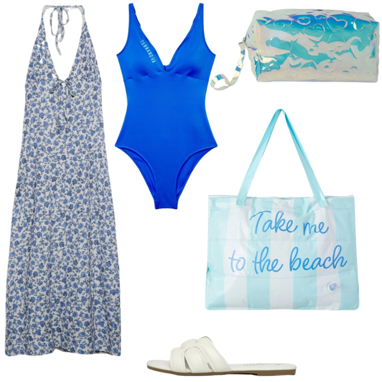 Outfit donna - Aperitivo al bar del lido. Stile Basic per Mare. Abbinamento con vestiti lunghi, costumi interi, pochette, borse tote, ciabatte.