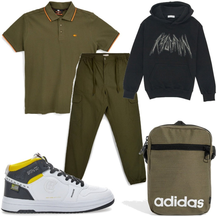 Outfit uomo - Pittarello - Summer Collection urban. Stile Urban per Tutti i giorni. Abbinamento con felpe con cappuccio, borse sportive, pantaloni cargo, sneakers, polo.