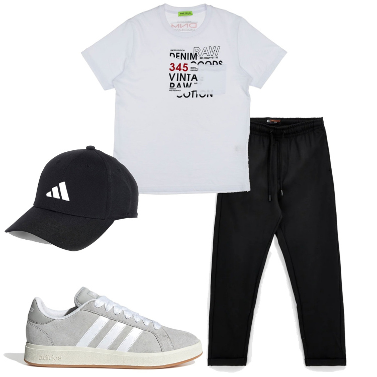 Outfit uomo - Summer Pittarello. Stile Casual per Tutti i giorni. Abbinamento con t-shirt, cappelli con visiera, sneakers, pantaloni.