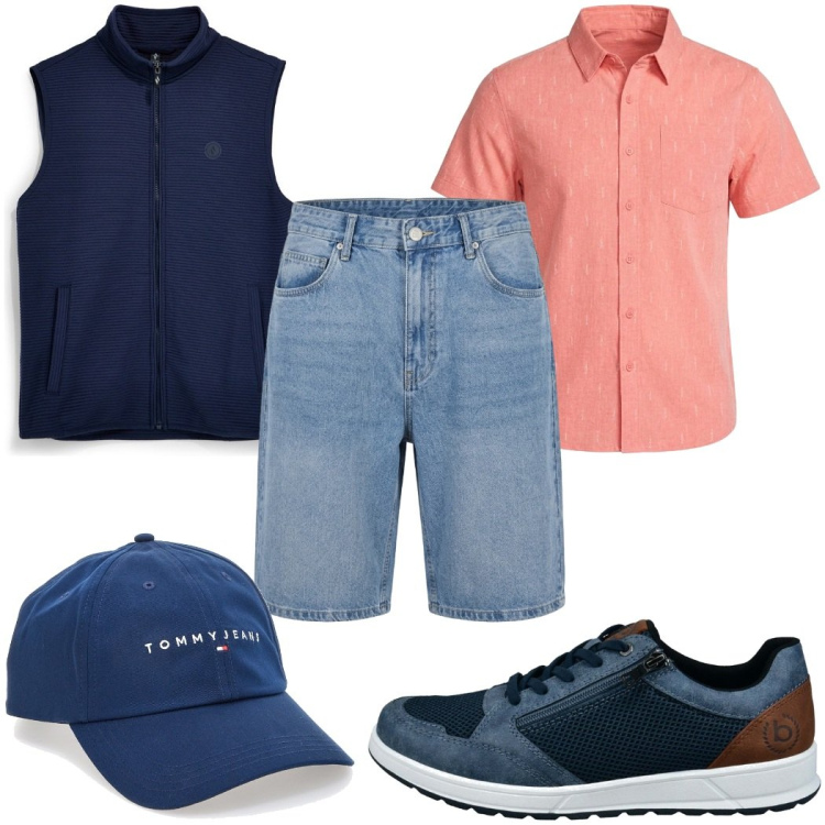 Outfit uomo - Pittarello - Summer Collection il gilet. Stile Trendy per Tutti i giorni. Abbinamento con cappelli con visiera, sneakers, gilet, camicie a manica corta, shorts.