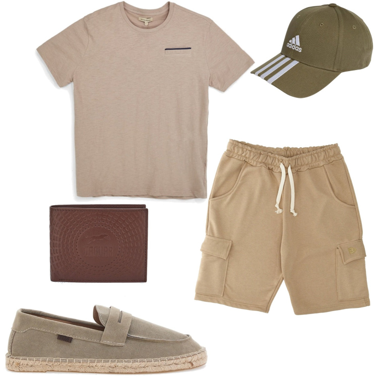 Outfit uomo - Summer Pittarello. Stile Casual per Tutti i giorni. Abbinamento con espadrillas, cappelli con visiera, pantaloni corti, portafogli, t-shirt.