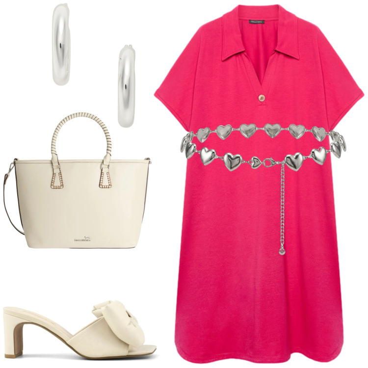 Outfit donna - Watermelon Pink. Stile Casual chic per Tutti i giorni. Abbinamento con shopping bag, vestiti corti, orecchini, cinture, sandali col tacco.