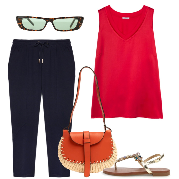 Outfit donna - Colori. Stile Casual per Tutti i giorni. Abbinamento con occhiali da sole, top, pantaloni, borse a tracolla, sandali gioiello.