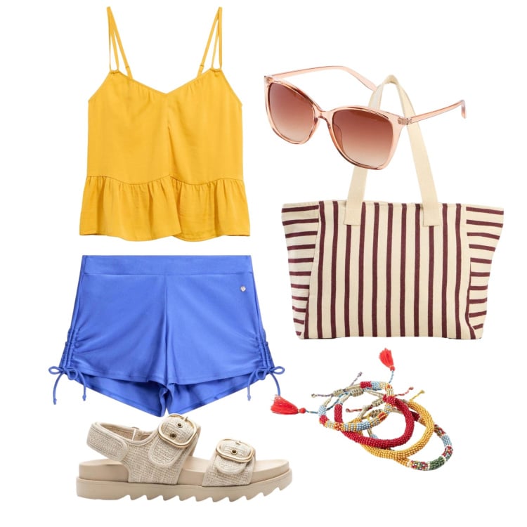 Outfit donna - Luglio. Stile Basic per Tutti i giorni. Abbinamento con top, occhiali da sole, sandali, pantaloni corti, shopping bag, braccialetti.