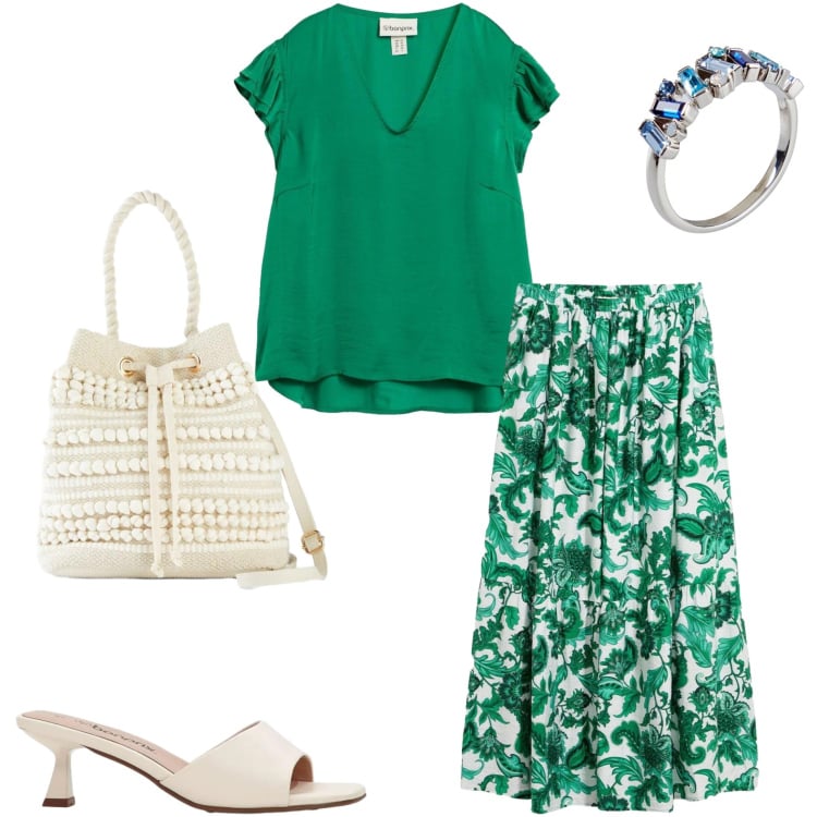 Outfit donna - Colori accesi Bonprix. Stile Casual chic per Ufficio. Abbinamento con sandali, gonne lunghe, bluse, borse a secchiello, anelli.