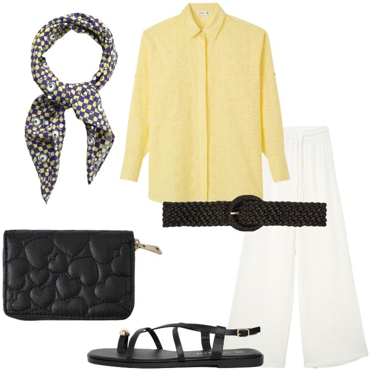 Outfit donna - Terranova - Summer Essentials. Stile Casual chic per Tutti i giorni. Abbinamento con portafogli, foulard, camicie, sandali, pantaloni, cinture.
