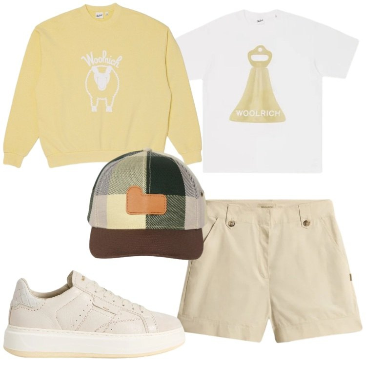 Outfit donna - Woolrich - Summer Layers. Stile Casual per Tutti i giorni. Abbinamento con t-shirt, pantaloni corti, cappelli con visiera, felpe, sneakers.