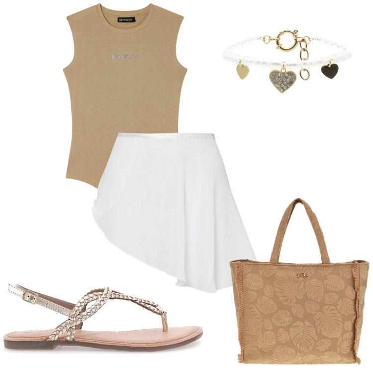 Outfit donna - Sporty Summer Freddy. Stile Casual per Tutti i giorni. Abbinamento con minigonne, braccialetti, top, shopping bag, sandali.