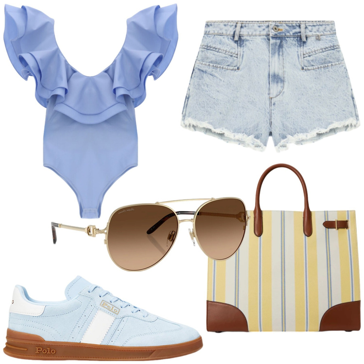 Outfit donna - Total look #2429483. Stile Casual chic per Tutti i giorni. look ideale per Petite. Abbinamento con top, shorts, occhiali da sole, sneakers, borse tote.