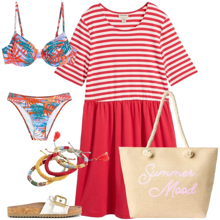 Outfit donna - Vado al mare. Stile Sporty chic per Mare. Abbinamento con bikini, braccialetti, vestiti corti, borse tote, sandali.