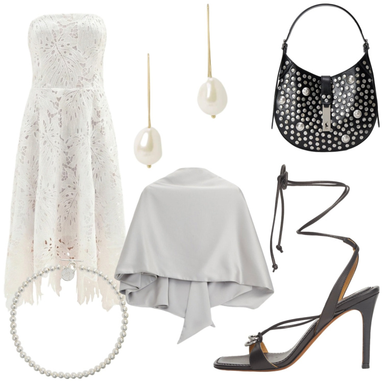 Outfit donna - B&w. Stile Chic per Serata fuori. Abbinamento con vestiti asimmetrici, scialli, orecchini, collane, sandali in pelle, borse a spalla.